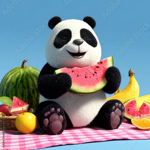 Fototapeta Happy cartoon panda sitting on a pink blanket enjoying a watermelon slice surrounded by bananas, oranges, and summer fruits