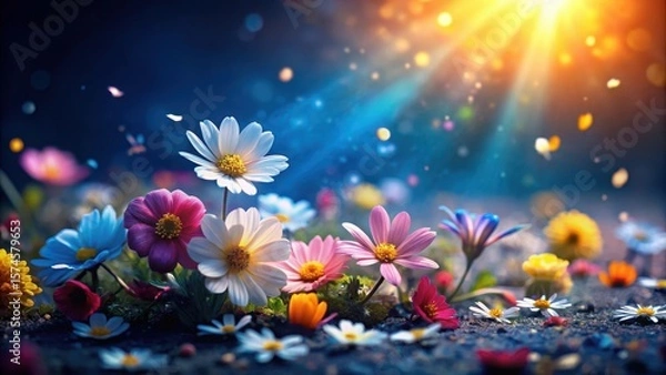 Fototapeta Colorful scattered spring flowers on a dark blue background with soft focus and warm sunlight filtering through the petals