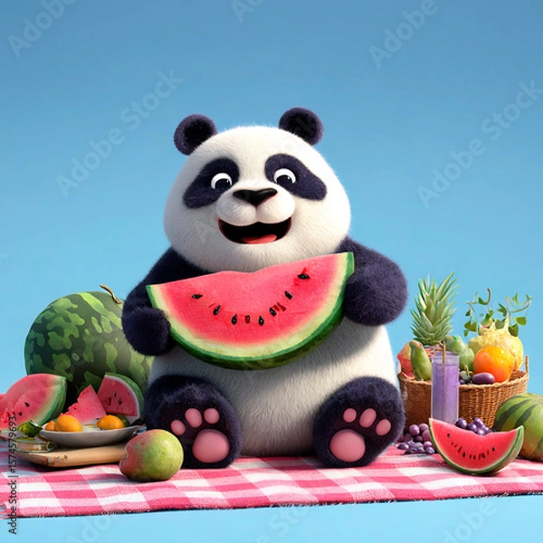 Fototapeta Cute cartoon panda smiling while holding a slice of watermelon during a colorful summer picnic with fruits and juice