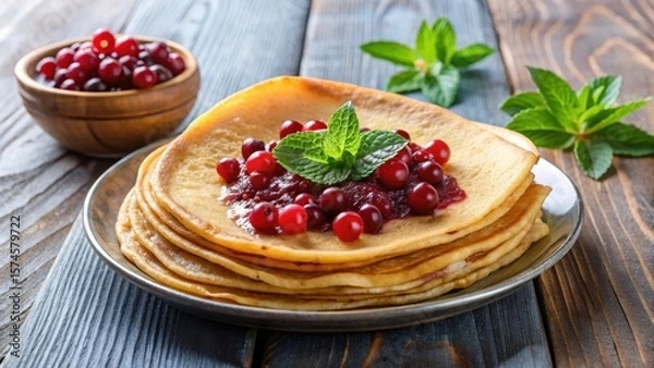 Fototapeta Thin Swedish pancakes with a sweet and tangy lingonberry jam on top, pancakes, syrup,  pancakes, syrup