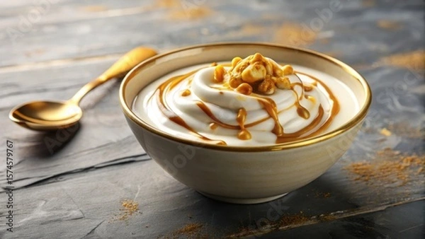 Fototapeta Bowl of creamy yogurt with golden drizzle, healthy, dessert,  healthy, dessert, bowl