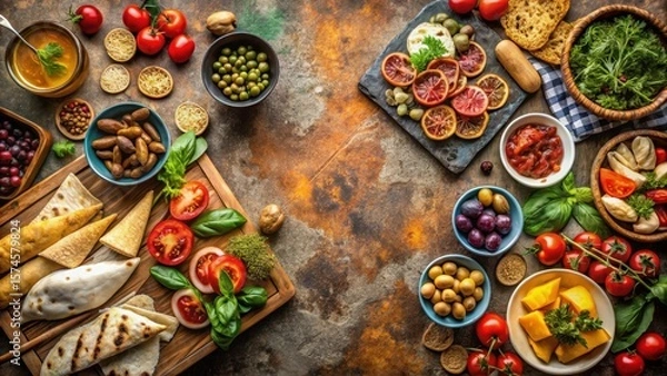 Fototapeta Mediterranean-inspired street food on a rustic stone table, picnic , chips,  picnic , chips, falafel, table setting