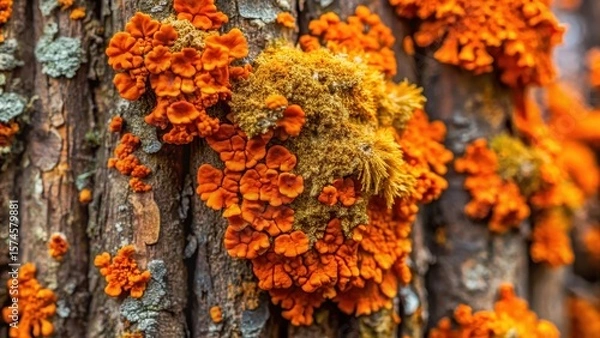 Fototapeta Close-up of Bright Orange Wall Lichen on Bark, fungi, orange, fungi, orange, texture, botany, nature, environment, bark, plant