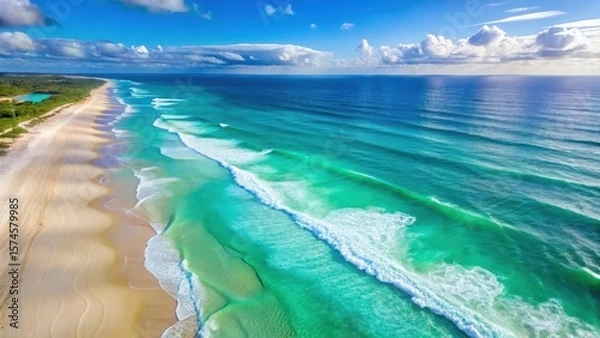 Fototapeta Panoramic aerial view of white sandy beach and turquoise waters in front of turquoise ocean waves , drone, beach