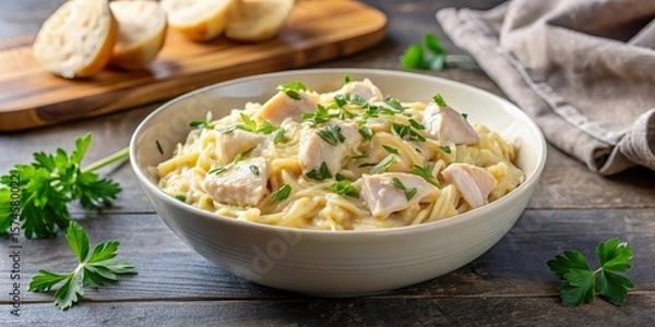 Fototapeta A warm and inviting bowl of creamy chicken orzo with a sprinkle of parmesan cheese and fresh parsley garnish , parmesan, orzo