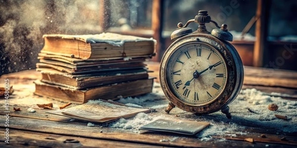 Fototapeta A worn clock with hands frozen in time surrounded by old books and papers scattered on a dusty table, time passing away, nostalgia