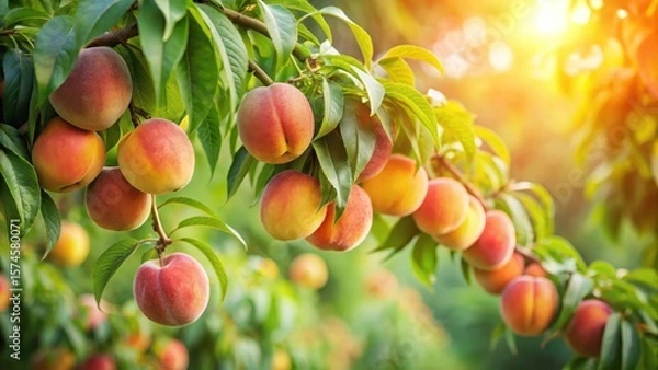 Fototapeta Fresh peaches with green leaves and branches hanging from a tree branch in a garden , natural background, outdoor