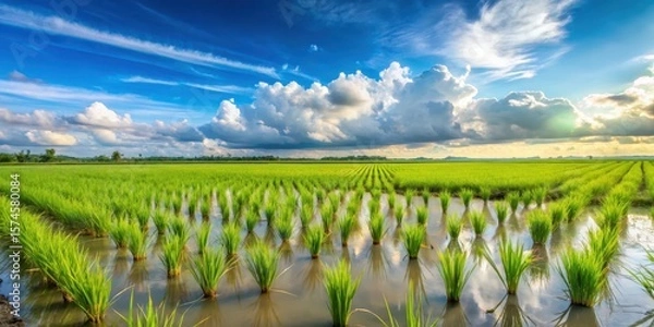Fototapeta Paddy rice plants in various growth stages from seedling to mature crop standing together in a large field against a bright blue sky with fluffy white clouds , farm, crops