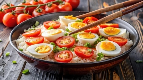 Fototapeta Sliced tomatoes and hard-boiled eggs stir-fried with rice in a steaming hot wok plate , tomato, Asian dish