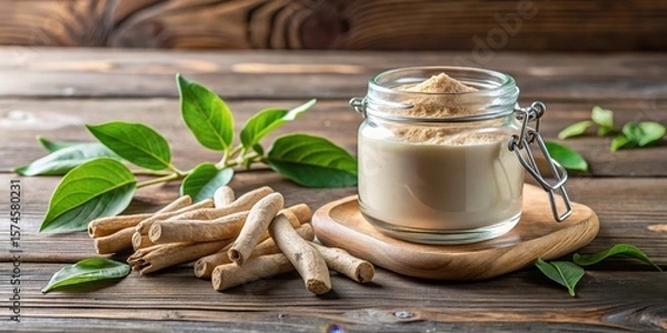 Fototapeta Ashwagandha root with powder and leaves in a white glass jar on a wooden desk, ayurvedic medicine, immunity booster