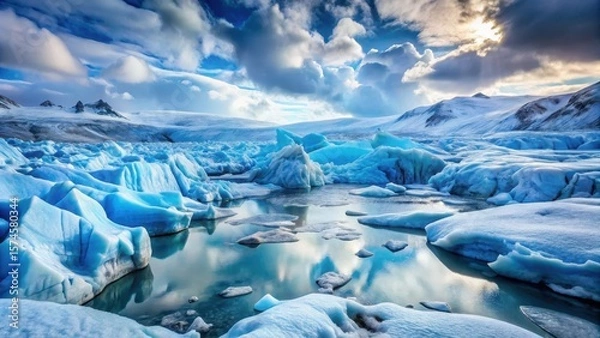 Fototapeta Glacial landscape with blue ice formations and white snow, icy, nature,  icy, nature, frozen, frosty, blue