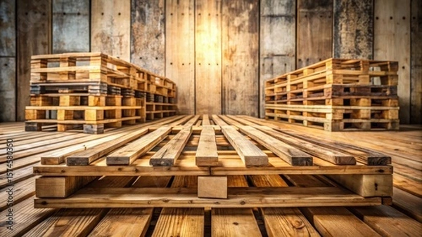 Fototapeta Wooden pallets arranged in a row on a rustic wooden floor, with some pallets slightly overlapping each other, creating a sense of depth and texture, texture, wooden pallets