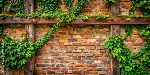 Fototapeta Weathered brick wall with lush greenery and wooden beams overgrown with ivy vines, rustic decor