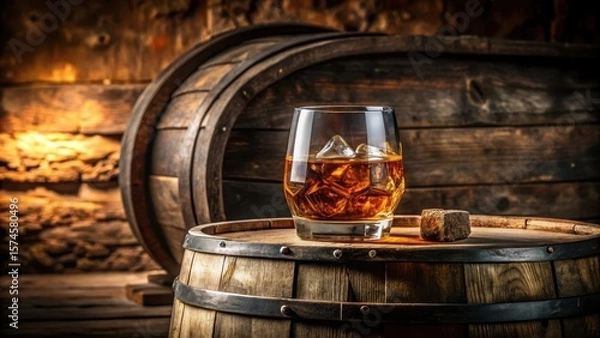 Fototapeta A delicate crystal glass filled with amber liquid rests on a weathered wooden barrel in a rustic setting, wooden crate, brown color