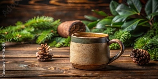 Fototapeta A ceramic coffee mug with a cork bottom sits on a wooden table surrounded by natural elements, showcasing its earthy feel, cork bottom, earthy tone