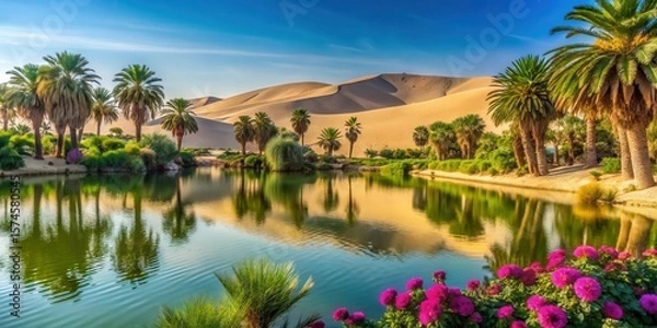 Fototapeta Palm trees, sandy dunes, and a tranquil oasis, with a serene lake in the foreground