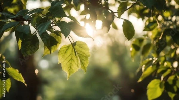 Fototapeta fresh green leaves in spring and bokeh background