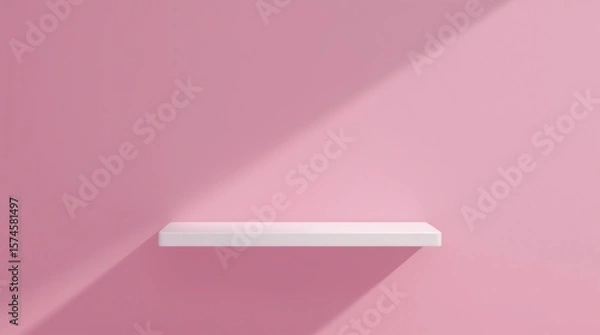 Fototapeta Front view of empty shelf on pink wall background with modern minimal concept. Display of backdrop shelves for showing. Realistic 3D render (