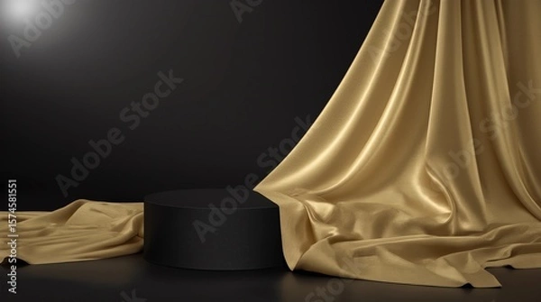 Fototapeta Gold pedestal or podium display with golden satin fabric platform concept on dark background. Blank shelf stand for showing product. 3D rendering