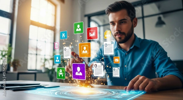 Fototapeta Man Using Futuristic Digital Interface Technology