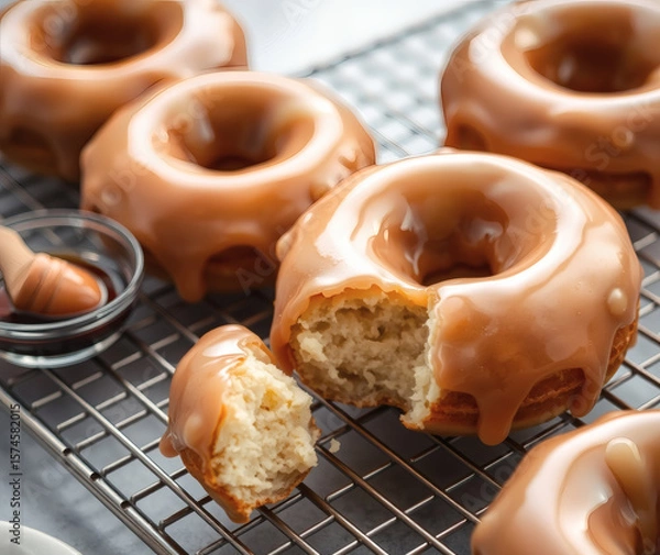Fototapeta Delicious glazed donuts cooling on a wire rack, inviting sweet indulgence and perfect for an afternoon treat shared with friends