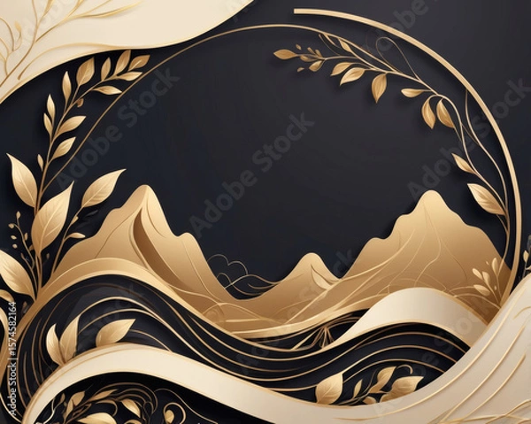 Fototapeta Golden mountains and flowing waves create a stunning backdrop of nature's elegance in this artistic design