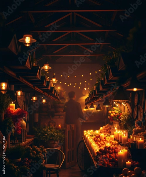 Fototapeta Enchanting night market glows with the warmth of candles and fresh produce during a magical evening in a bustling marketplace
