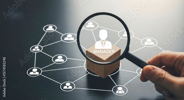 Fototapeta Magnifying Glass Highlighting Manager In Network Structure