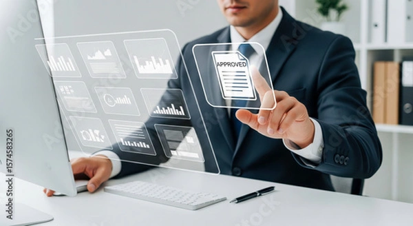 Fototapeta Businessman Interacting With Digital Approval Interface