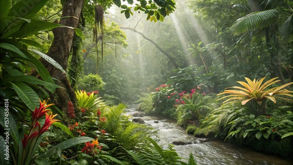 Fototapeta Lush rainforest stream with sunbeams filtering through dense green canopy jungle river
