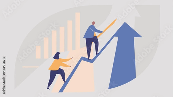 Fototapeta People climbing up an arrow with graph bars in the background representing business growth and success