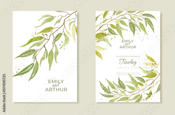 Fototapeta Wedding invitation in botanical style with eucalyptus leaves painted in watercolor. Vector