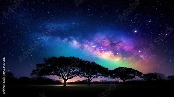 Obraz A vibrant Milky Way in rainbow colors lights up the night sky above silhouetted trees and a peaceful field