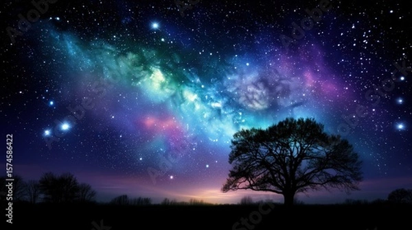 Obraz A vibrant starry sky with the Milky Way in blue and purple hues, framed by a tree silhouette at twilight