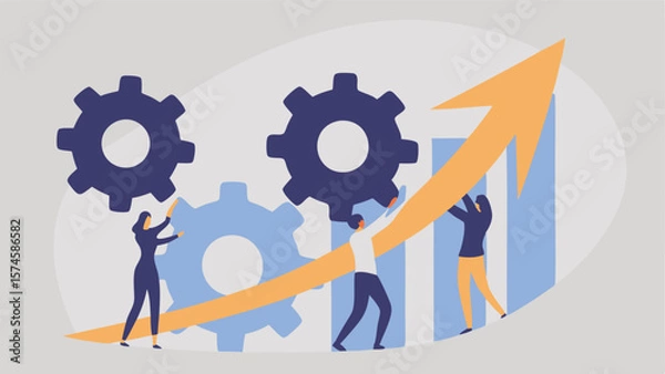 Fototapeta People working together to lift an upward arrow with gears and bar charts in the background