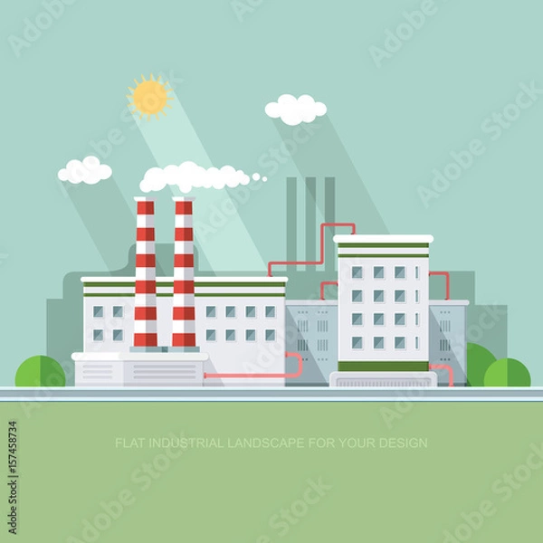 Fototapeta industry manufactory building. Factories producing oil and gas, metals and rubber, energy and power. Destroys nature. Icon of eco friendly factories. Flat Vector background illustration