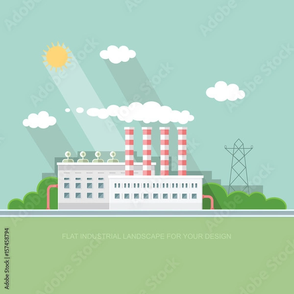 Fototapeta Flat waste incineration plant exterior with City in the background. Building, workers. recycling, nature care, alternative resource, incinerator concept. Vector background illustration