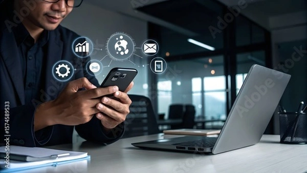 Fototapeta New notification concept. Man using smartphone with notification messages, incoming message reminders.