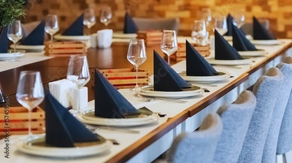 Fototapeta Empty restaurant table set for a luxurious dinner, ready for dining in a beautifully designed interior