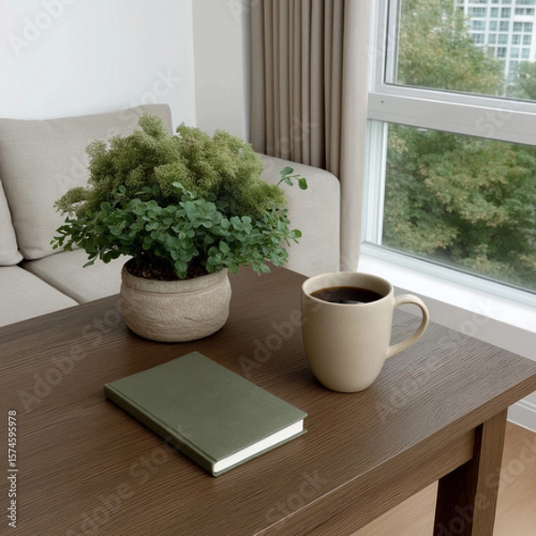 Fototapeta A close-up of a woman's hands typing on a laptop in a minimalist home office, natural wood desk, soft beige and white tones, indoor plant in background, natural sunlight, lifestyle photography
