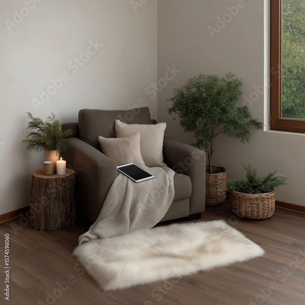 Fototapeta A close-up of a woman's hands typing on a laptop in a minimalist home office, natural wood desk, soft beige and white tones, indoor plant in background, natural sunlight, lifestyle photography