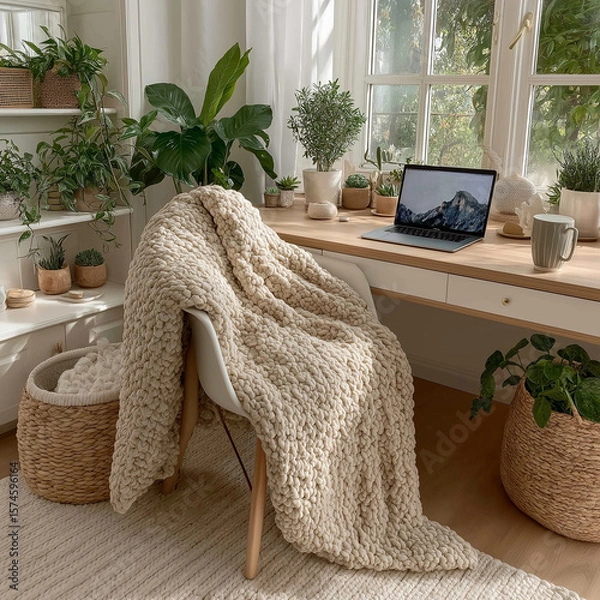 Fototapeta A close-up of a woman's hands typing on a laptop in a minimalist home office, natural wood desk, soft beige and white tones, indoor plant in background, natural sunlight, lifestyle photography