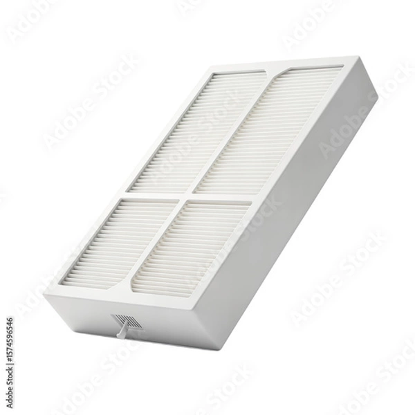 Fototapeta A white air filter with a rectangular shape and a textured surface. It features multiple grooves for air passage. The background is transparent.