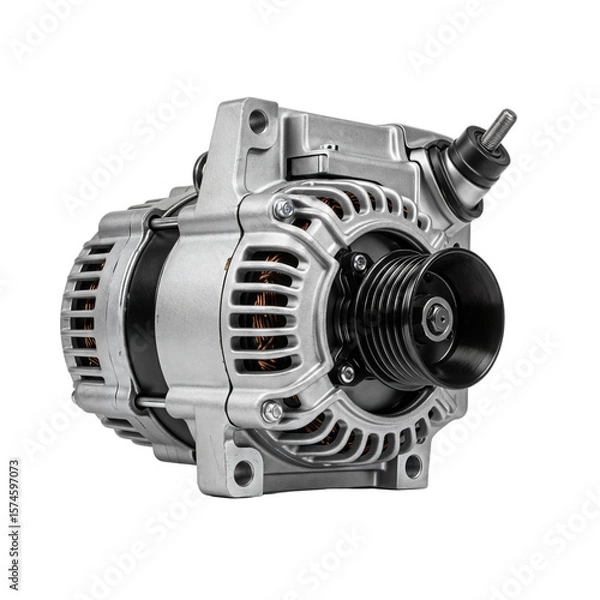 Fototapeta A silver automotive alternator with a black pulley, designed for vehicle electrical systems. The component is isolated on a transparent background.