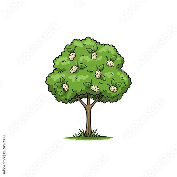 Fototapeta Colorful Icon of White Mulberry Tree with Berry Clusters and No White Elements