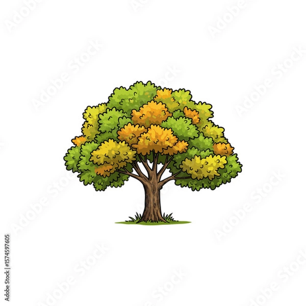 Fototapeta Colorful Icon of White Oak Tree with Lobed Leaves and No White Color