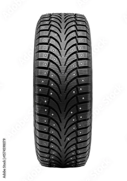 Fototapeta A close-up view of a winter tire with a detailed tread pattern. The tire features metal studs for enhanced grip on icy surfaces. Transparent background.