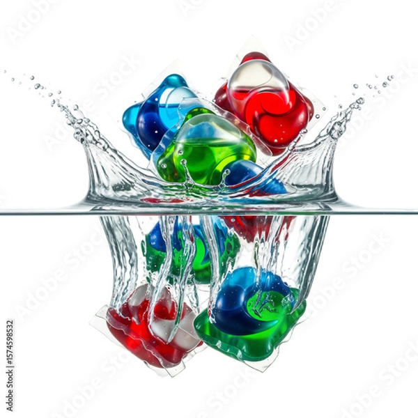 Fototapeta Colorful laundry detergent pods splash into water, creating bubbles and ripples. The scene features a transparent background for clear visibility.