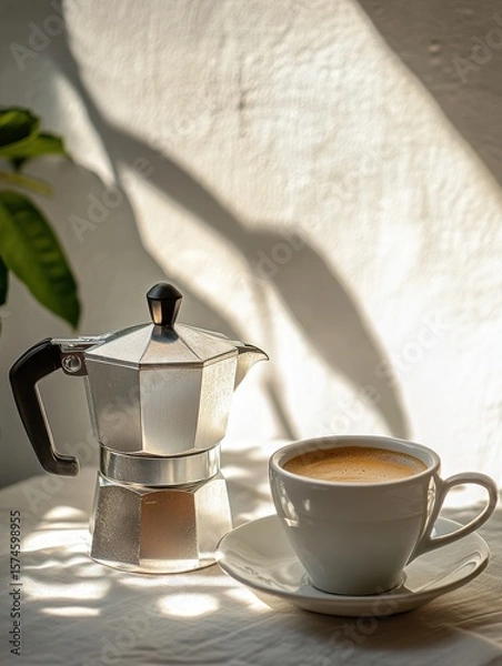 Fototapeta Moka pot coffee maker with a cup of coffee at home. 