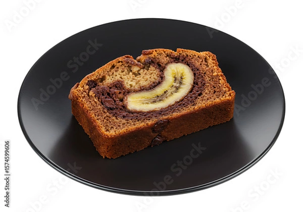 Fototapeta Slice of banana bread revealing a banana center served on a black plate against a black background